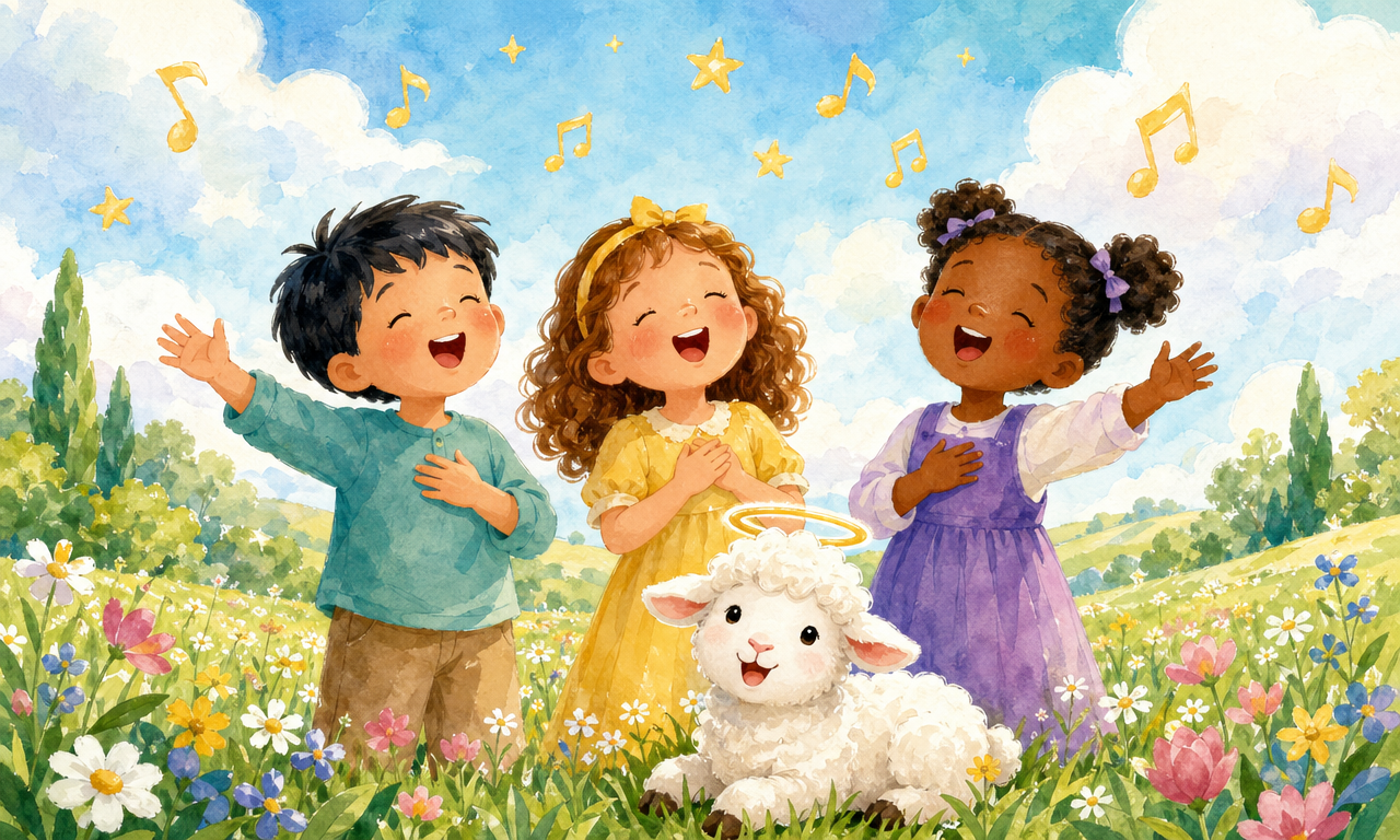Children singing together with the Lambelujah lamb in a sunny meadow